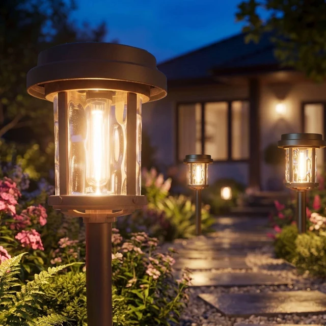 Main image of XMCOSY+ Solar Pathway Lights, 6 Pack Solar Outside Garden Landscape Lights | 10H All-Night, 20 Lumens Bright Warm White Light, Glass & Metal Waterproof Auto On/Off Outdoor Solar Powered for Pathways