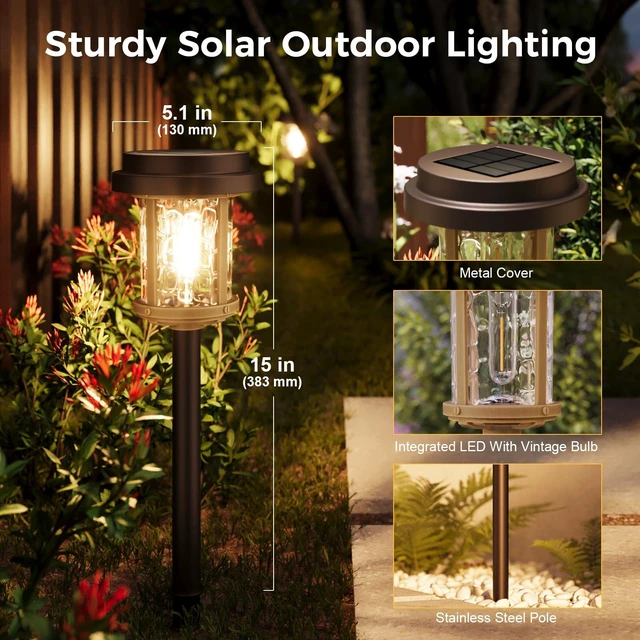 Alt view image 5 of 7 - XMCOSY+ Solar Pathway Lights, 6 Pack Solar Outside Garden Landscape Lights | 10H All-Night, 20 Lumens Bright Warm White Light, Glass & Metal Waterproof Auto On/Off Outdoor Solar Powered for Pathways