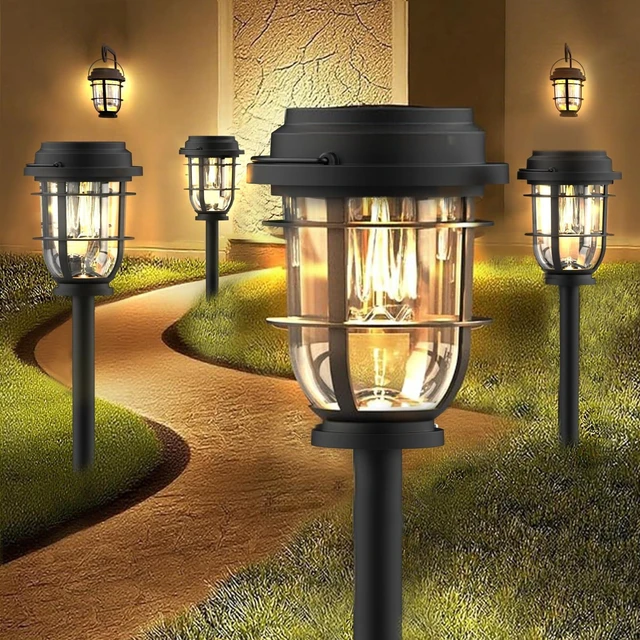 Main image of Vuees 8-Pack Solar Pathway Lights, 3-in-1 Design Outdoor Garden Patio Decor | 3000K warm glow, stake, tabletop or hanging setup, no wiring, rain-ready build, walkway, poolside and deck placement