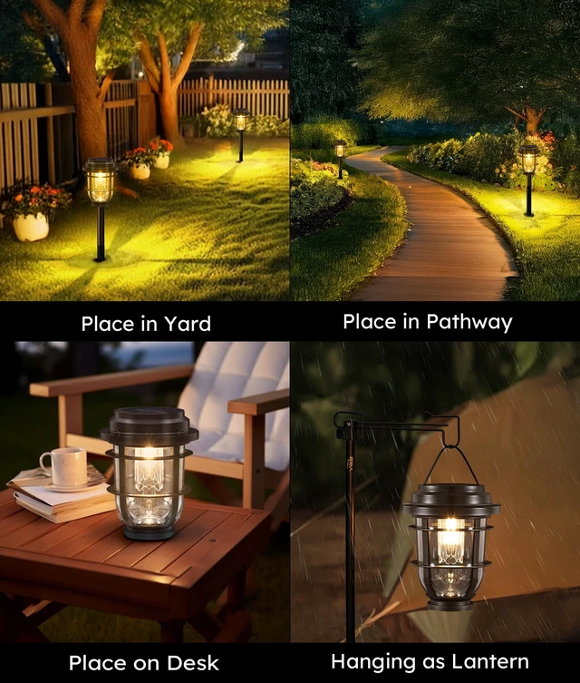 Alt view image 4 of 7 - Vuees 8-Pack Solar Pathway Lights, 3-in-1 Design Outdoor Garden Patio Decor | 3000K warm glow, stake, tabletop or hanging setup, no wiring, rain-ready build, walkway, poolside and deck placement