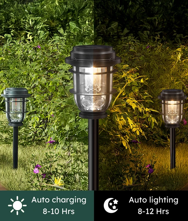 Alt view image 7 of 7 - Vuees 8-Pack Solar Pathway Lights, 3-in-1 Design Outdoor Garden Patio Decor | 3000K warm glow, stake, tabletop or hanging setup, no wiring, rain-ready build, walkway, poolside and deck placement