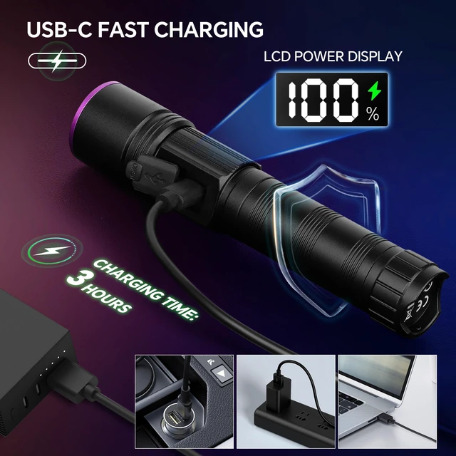 Alt view image 3 of 7 - TrixHub 365nm Black Light UV Light Flashlight Rechargeable with LCD Display | Powerful Ultraviolet Lights for Pet Urine Detection, Resin Curing, Rockhounding, Scorpion, Uranium Glass, A/CLeak