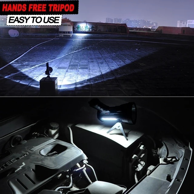 Alt view image 3 of 5 - BIGSUN Q953 Rechargeable Spotlight 2000,000 High Lumen LED Flashlightv with COB Flood Light, Super Power 10,000 mAh Battery, 20H Run for Working, Hunting,Type-C Input, Red Lens and Tripod Included