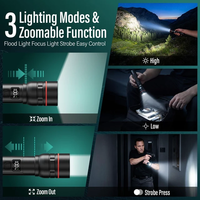 Alt view image 3 of 7 - RECHOO Rechargeable Flashlights 2 Pack, Super Bight Flashlight High Lumens | 3 Modes Zoomable Flahslight with LCD Digital Display, Small Powerful Handheld Torch Light for Home Camping Emergencies