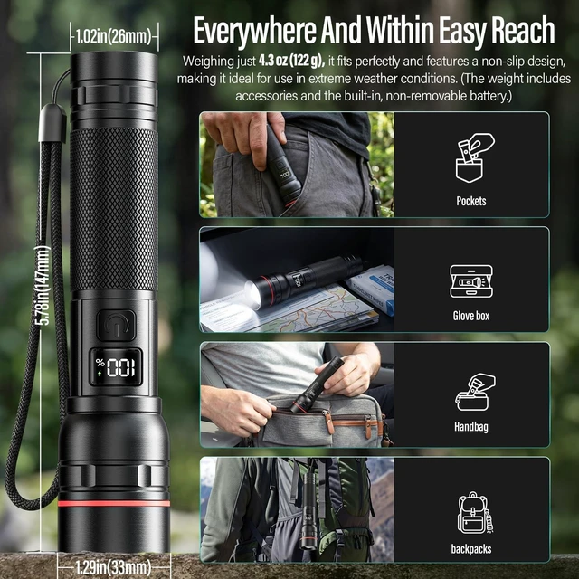 Alt view image 6 of 7 - RECHOO Rechargeable Flashlights 2 Pack, Super Bight Flashlight High Lumens | 3 Modes Zoomable Flahslight with LCD Digital Display, Small Powerful Handheld Torch Light for Home Camping Emergencies