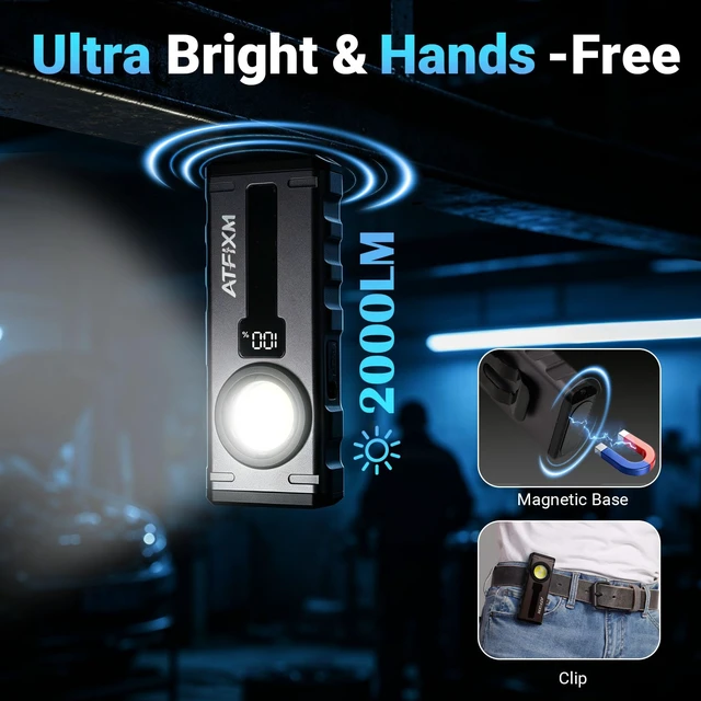 Alt view image 2 of 7 - ATFIXM 2Pack Magnetic EDC Pocket Flashlights Rechargeable | 2000 Lumens LED Flashlight with UV, RGB, Digital Display and Clip for Outdoor, Car Repair & Emergency Use