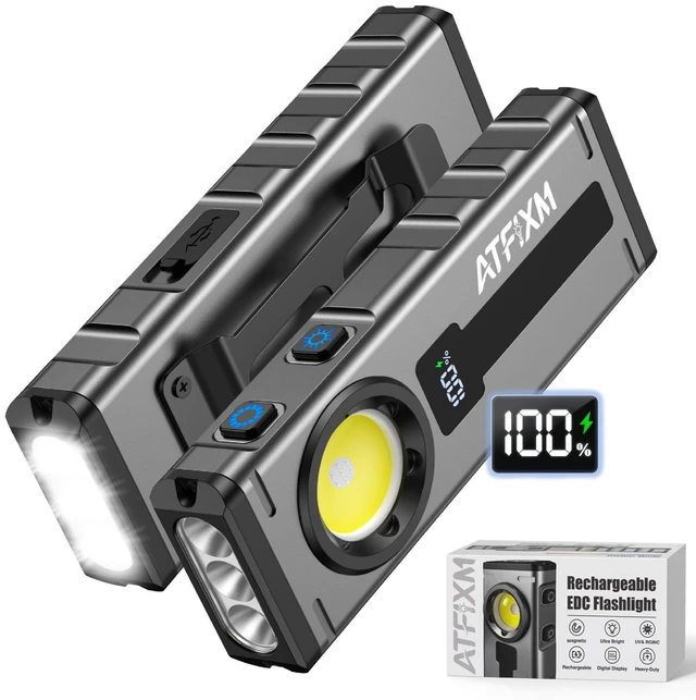 Main image of ATFIXM 2Pack Magnetic EDC Pocket Flashlights Rechargeable | 2000 Lumens LED Flashlight with UV, RGB, Digital Display and Clip for Outdoor, Car Repair & Emergency Use