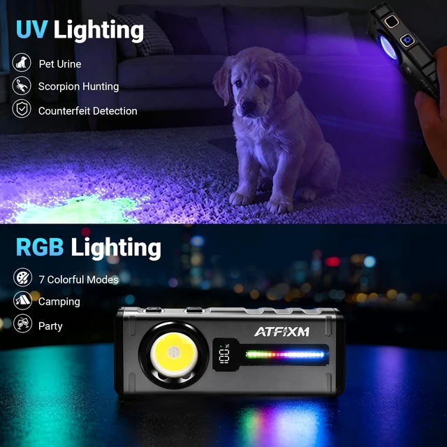 Alt view image 5 of 7 - ATFIXM 2Pack Magnetic EDC Pocket Flashlights Rechargeable | 2000 Lumens LED Flashlight with UV, RGB, Digital Display and Clip for Outdoor, Car Repair & Emergency Use