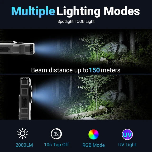 Alt view image 4 of 7 - ATFIXM 2Pack Magnetic EDC Pocket Flashlights Rechargeable | 2000 Lumens LED Flashlight with UV, RGB, Digital Display and Clip for Outdoor, Car Repair & Emergency Use