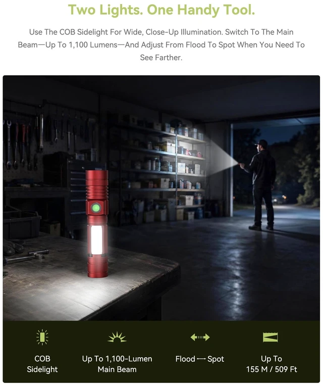 Alt view image 3 of 7 - Hoxida Flashlight USB Rechargeable,LED Magnetic with COB Sidelight 2PCS | 1100 Lumens,COB Sidelight,Zoomable Beam Provide Hands-free,USB C Charging IPX5 Waterproof for Home,Camping,repairs,Emergency