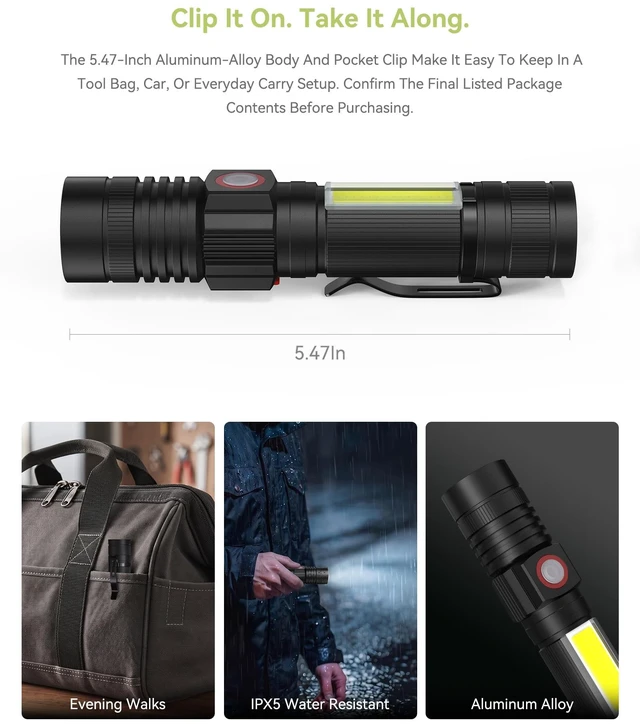 Alt view image 7 of 7 - Hoxida Flashlight USB Rechargeable,LED Magnetic with COB Sidelight 2PCS | 1100 Lumens,COB Sidelight,Zoomable Beam Provide Hands-free,USB C Charging IPX5 Waterproof for Home,Camping,repairs,Emergency
