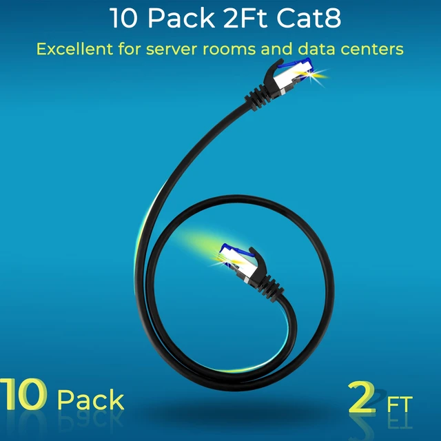 Alt view image 2 of 6 - Rapink Patch Cables Cat8 2ft 10 Pack Slim, Cat8 Ethernet Patch Cable 40G Support, Snagless Cat 8 Patch Cable for Patch Panel to Switch, Flexiable Cat 8 Ethernet Cable Datacenter with Gold Plated