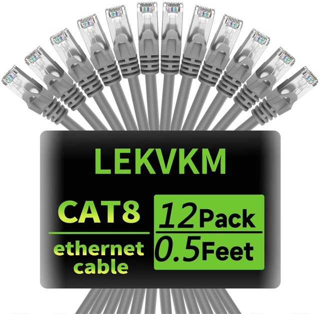 Main image of LEKVKM CAT8 short Ethernet Cable 0.5 ft, 12-Pack Gray | Pure Copper, Snagless Gold-Plated RJ45, Standard Round Network LAN Patch Cable