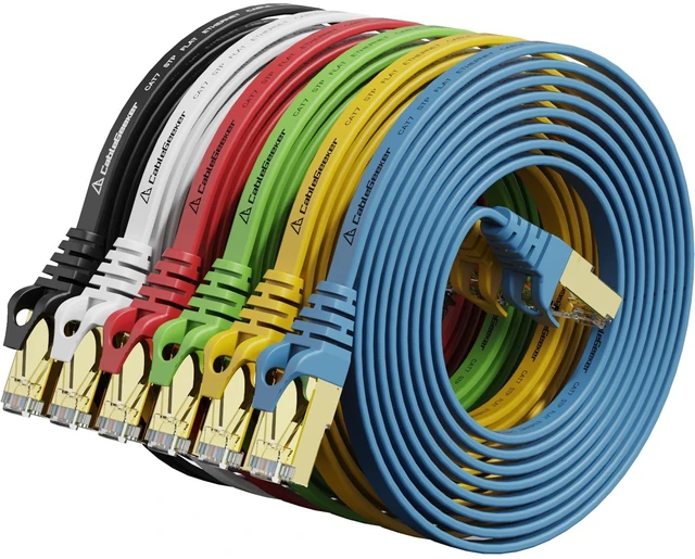 Main image of CableGeeker Cat7 Shielded Flat Ethernet Patch Cables 7ft 6Pack, Multicolor | 10Gbps/600MHz, 30AWG Stranded Copper, S/STP Shielding, Gold-Plated RJ45, for Routers, PCs, Gaming, and Streaming
