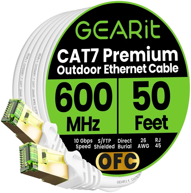 Main image of GEARit Cat7 Outdoor Ethernet Cable 50ft White Cat 7 Shielded SFTP | Pure Copper Conductors, UV Resistant LLDPE Jacket, Direct Burial and In-Ground Rated, PoE Ready, Router Switch Camera NVR