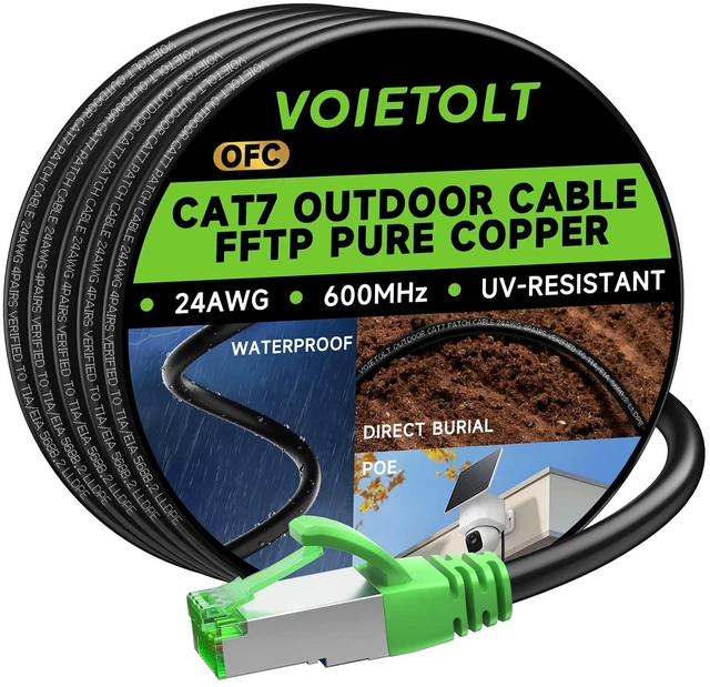 Main image of VOIETOLT Cat 7 Outdoor Ethernet Cable 50 ft Support POE, Pure Copper Internet Cable Shielded 24AWG 600MHz, Direct Burial Waterproof LAN Cable, UV, LLDPE, Cat 7 Ethernet Cable F/FTP with 20 Ties