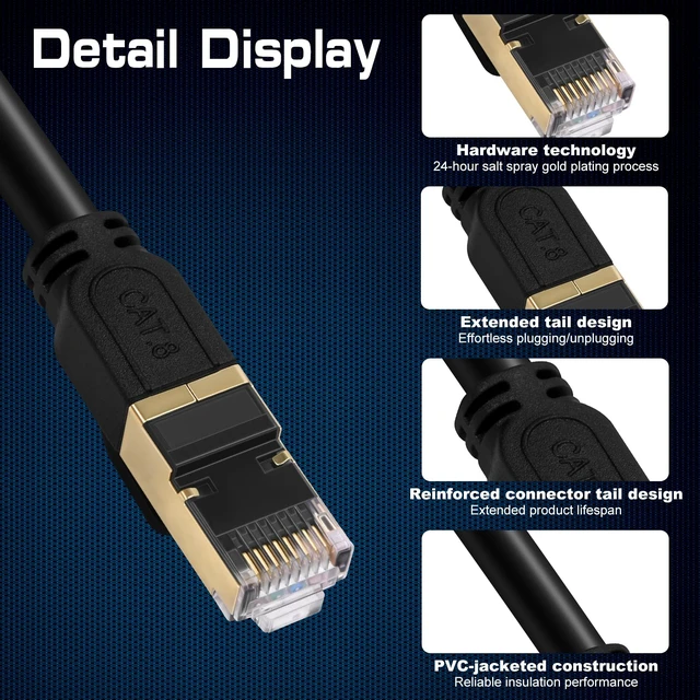 Alt view image 3 of 6 - Cat 8 Ethernet Cable, 100ft 30M Heavy Duty High Speed Network LAN Patch Cord with Gold Plated RJ45 Connectors, 26AWG, 2000Mhz Indoor & Outdoor Internet Network Cable for Modem Router Gaming PC