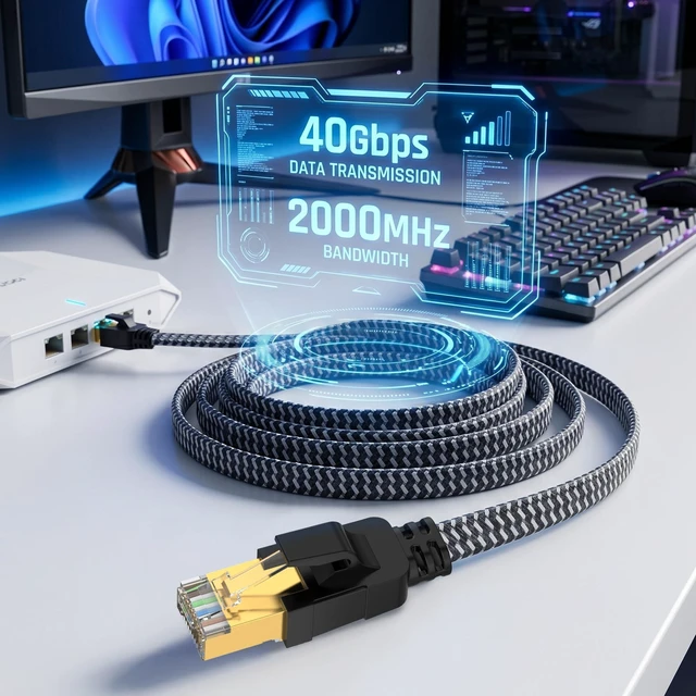 Alt view image 2 of 7 - Molltto Cat 8 50 FT Flat Ethernet Cable, 40Gbps Braided LAN Cable | 40Gbps 2000MHz SFTP Braided LAN Cable for Gaming, Streaming, Work, PS5, PS4, Xbox, Modem, Laptop