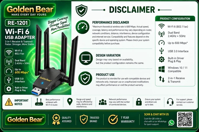Alt view image 4 of 7 - GoldenBear USB WiFi Adapter for PC 1300Mbps Dual Band | 4 × 5dBi Antennas, 5GHz & 2.4GHz, Long-Range Signal, USB 3.0 Interface, Desktop & Laptop