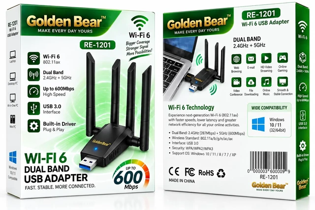 Alt view image 5 of 7 - GoldenBear USB WiFi Adapter for PC 1300Mbps Dual Band | 4 × 5dBi Antennas, 5GHz & 2.4GHz, Long-Range Signal, USB 3.0 Interface, Desktop & Laptop