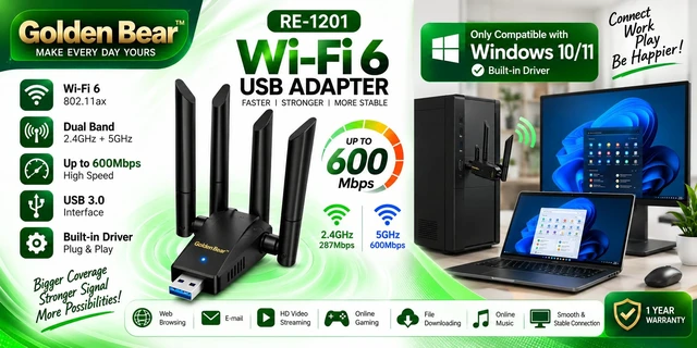 Alt view image 6 of 7 - GoldenBear USB WiFi Adapter for PC 1300Mbps Dual Band | 4 × 5dBi Antennas, 5GHz & 2.4GHz, Long-Range Signal, USB 3.0 Interface, Desktop & Laptop