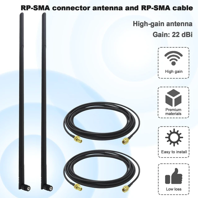 Alt view image 2 of 7 - Kaunosta External WiFi Bluetooth Antenna 2 Sets - 22DBI Long Range MIMO RP-SMA Male Aerial Antenna and 10FT RP-SMA RG174 Extension Cable for Wireless Router Network Devices PC Camera USB Adapter