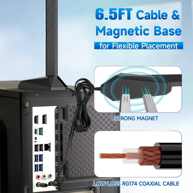 Alt view image 4 of 7 - Eightwood WiFi 7 Gaming PC Motherboard Antenna, Tri-Band, Push-On Connector | Magnetic Base Antenna for ASUS ROG Strix, TUF Gaming, ROG Crosshair, ProArt, Prime Series WiFi 7 Motherboards
