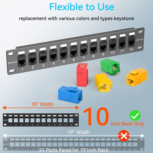 Alt view image 5 of 6 - Sokqovt Mini Patch Panel 12 Port Cat6a with Coupler Keystone, Cat6 Network Panel 10G No Punch Down, Time-Saver Ethernet 1U Rj45 Panel, Rackmount 10 Inch Patch Panel