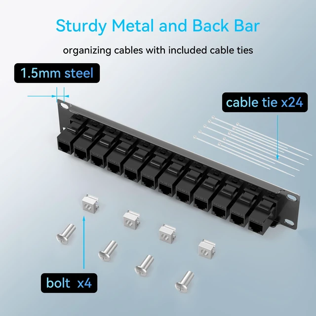 Alt view image 6 of 6 - Sokqovt Mini Patch Panel 12 Port Cat6a with Coupler Keystone, Cat6 Network Panel 10G No Punch Down, Time-Saver Ethernet 1U Rj45 Panel, Rackmount 10 Inch Patch Panel