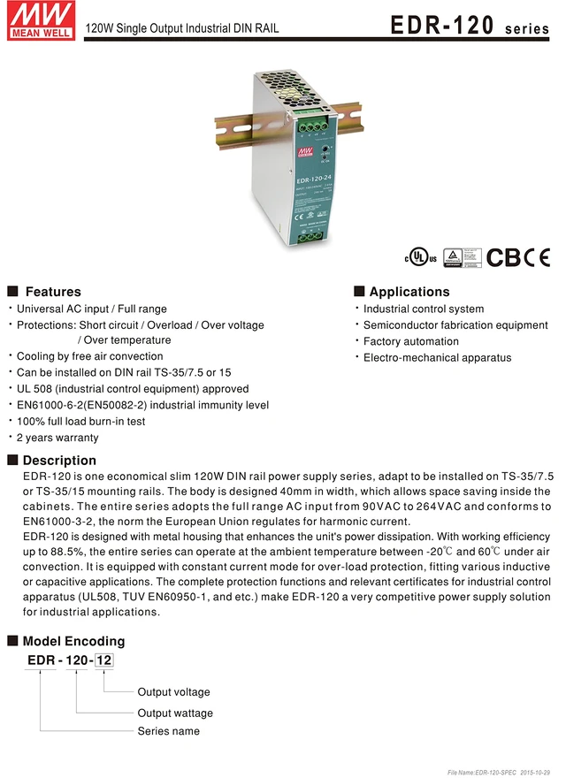 Alt view image 2 of 6 - Mean Well EDR-120-24 Single Output DIN Rail Power Supply 24V 5 Amp 120W
