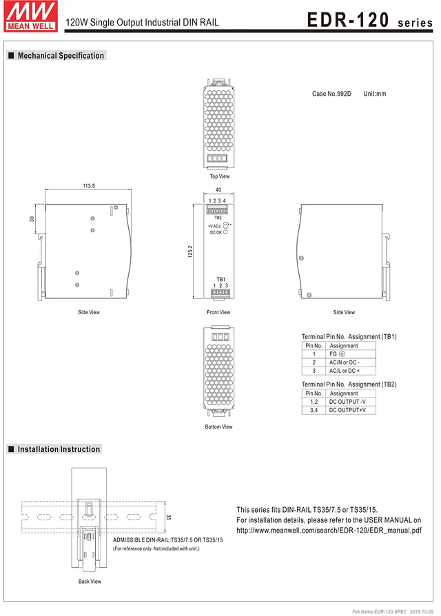 Alt view image 5 of 6 - Mean Well EDR-120-24 Single Output DIN Rail Power Supply 24V 5 Amp 120W