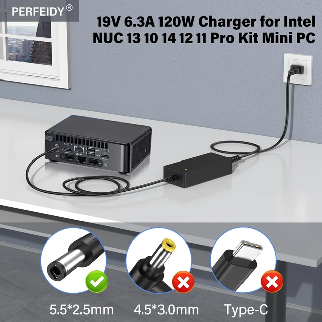 Alt view image 2 of 7 - 19V 6.3A 120W Power Cord Charger for Intel NUC 13 10 14 12 11 Pro Kit Mini | Adapter Power Supply for Intel NUC NUC10i7FNH Replacement PERFEIDY