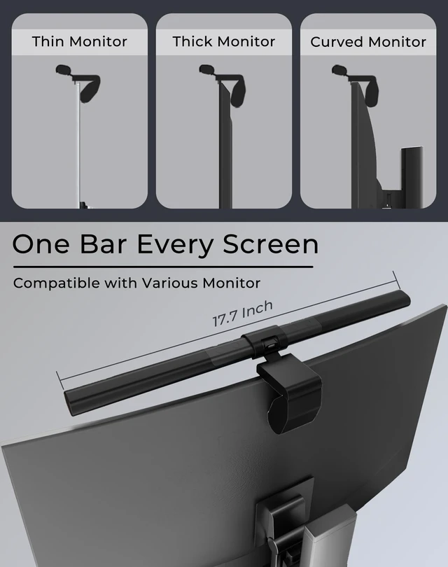 Alt view image 3 of 6 - iQuincy Monitor Light Bar Asymmetrical Desk Lamp for Flat & Curved Monitor | Touch Control 5 Color Temperatures 3000K6000K Stepless Dimming Ra 95 No Glare 17.7" Monitor Lamp for Home Office Gaming