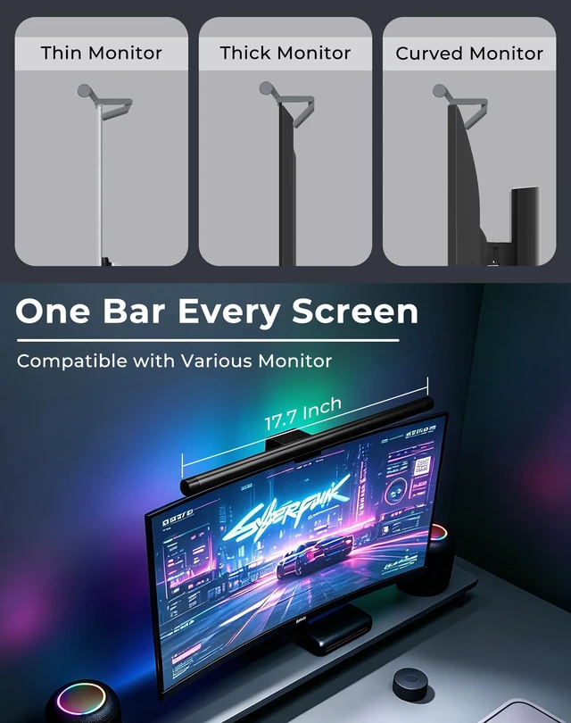 Alt view image 3 of 7 - iQuincy Monitor Light Bar with Remote Eye Care Dual Light with RGB Modes | Stepless Dimming & 5 Color Temperature Ra 95 No Glare LED Gaming Computer Lamp for Curved & Flat Monitors USB Powered