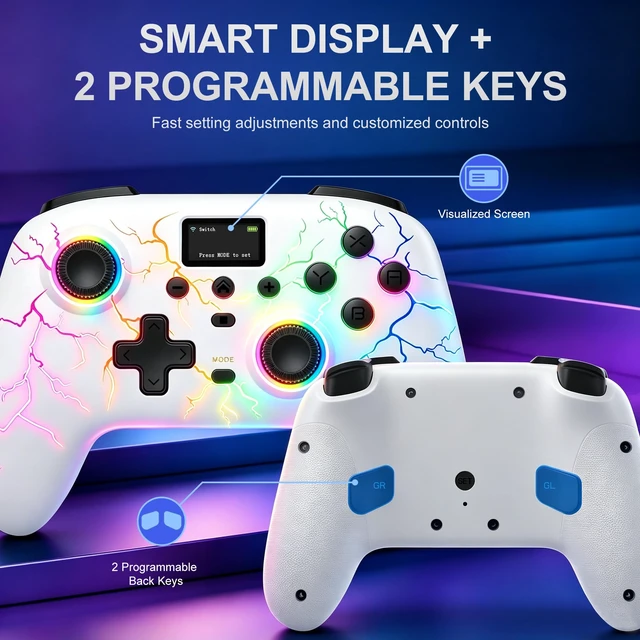 Alt view image 6 of 7 - Morostron Wireless Controller for PC and Steam Games, Switch/Switch 2/iOS/Android Compatible, Interactive Screen, Hall Sticks, RGB, 800mAh, Off-white