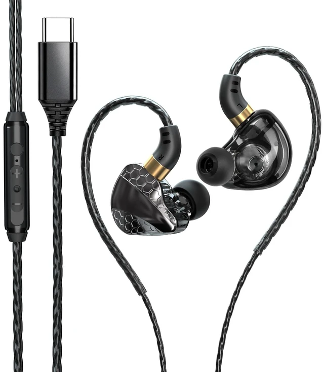 Main image of YOUWEIQU Wired Earbuds for Gaming with Mic, HiFi Fixed Cable,Type-C Black | Type-C IEMs for Gaming with Mic feature graphene driver, delivering rich bass, warm midranges & crisp trebles for gamers