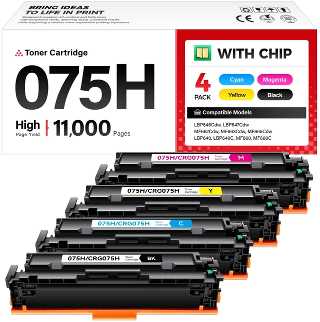 Main image of 075H Toner Cartridge 4-Pack High Yield with Chip Black Cyan Yellow Magenta Replacement for Canon 075 Compatible Color imageCLASS MF662Cdw MF663Cdw MF665Cdw LBP646Cdw LBP647Cdw MF660C LBP640C Printer