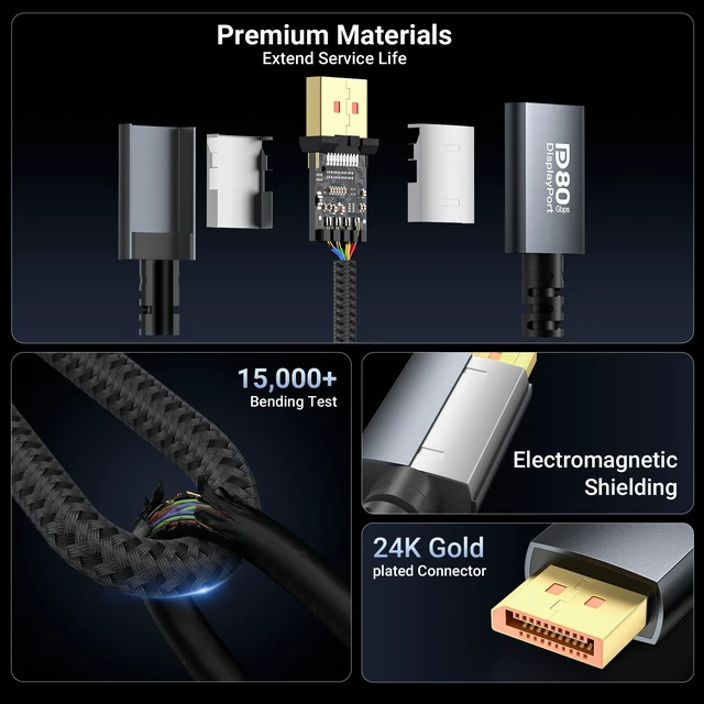Alt view image 6 of 7 - 5FT Certified DisplayPort 2.1 Cable VESA 80Gbps DP2.1 Gaming Monitor Cord | 8K@240Hz 4K@540Hz smooth play, G-Sync FreeSync compatible, lag-free VRR ALLM, triple-shielded nylon braided RTX 5090 5080