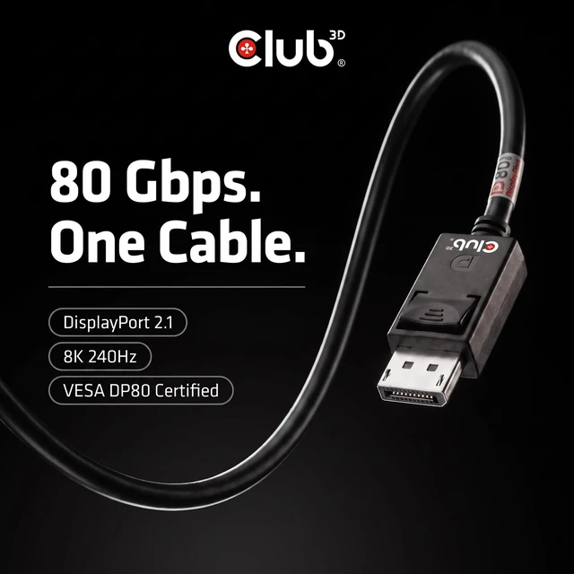 Alt view image 2 of 6 - Club 3D DisplayPort 2.1 Cable VESA DP80 80Gbps 1.6m/5,25ft CAC-1092 | Bi-directional DP to DP, locking latch connectors, DSC 1.2 & FEC support, up to 8K 240Hz & 4K 240Hz for gaming monitors