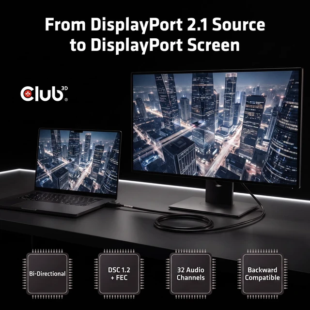 Alt view image 6 of 6 - Club 3D DisplayPort 2.1 Cable VESA DP80 80Gbps 1.6m/5,25ft CAC-1092 | Bi-directional DP to DP, locking latch connectors, DSC 1.2 & FEC support, up to 8K 240Hz & 4K 240Hz for gaming monitors