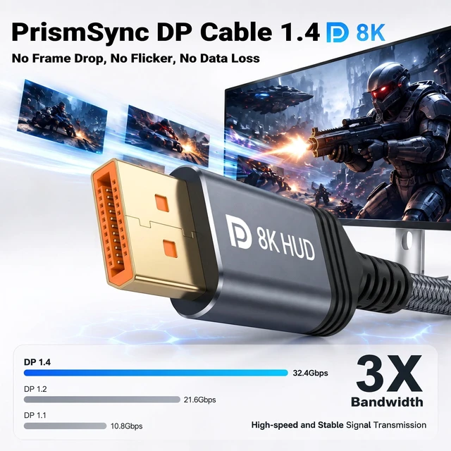 Alt view image 2 of 6 - PrismSync Displayport 1.4 Cable 6FT, 8K@60Hz, 4K@144Hz, 32.4Gbps5-Pack | MST Daisy Chain Multi-Monitor, G-SYNC FreeSync HDR, for Gaming PC, Designer Dual Screen, Pro Workstation, Video Editing