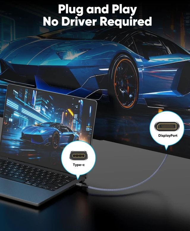 Alt view image 7 of 7 - Highwings USB C to DP Cable 6FT, DP 2.1 80Gbps 16K@60Hz 8K@120Hz 4K@240Hz | Thunderbolt 5/4/3 USB4 to DisplayPort Male Cord for iPhone 18/17 Pro Max, Galaxy S26, MacBook Pro/Air, iPad, Mac Mini, XPS