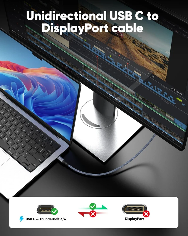 Alt view image 6 of 7 - Highwings USB C to DP Cable 6FT, DP 2.1 80Gbps 16K@60Hz 8K@120Hz 4K@240Hz | Thunderbolt 5/4/3 USB4 to DisplayPort Male Cord for iPhone 18/17 Pro Max, Galaxy S26, MacBook Pro/Air, iPad, Mac Mini, XPS