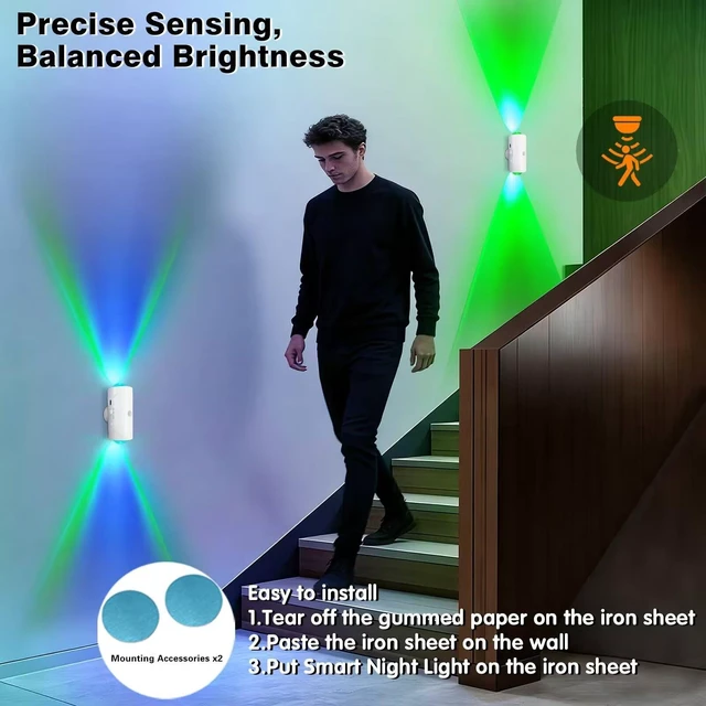 Alt view image 2 of 6 - Rechargeable Motion Sensor Light Indoor, Magnetic RGB Wall Sconces 2 Pack | 7 Color Motion Sensor Night Light, 1500mAh Wireless Wall Sconces Battery Operated for Bedroom, Bathroom, Hallway, Stairs