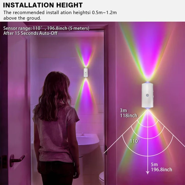 Alt view image 4 of 6 - Rechargeable Motion Sensor Light Indoor, Magnetic RGB Wall Sconces 2 Pack | 7 Color Motion Sensor Night Light, 1500mAh Wireless Wall Sconces Battery Operated for Bedroom, Bathroom, Hallway, Stairs