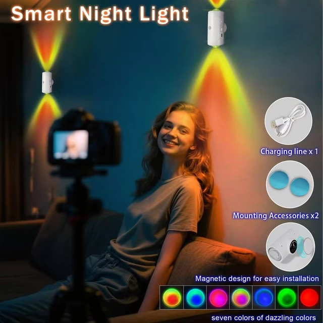 Alt view image 6 of 6 - Rechargeable Motion Sensor Light Indoor, Magnetic RGB Wall Sconces 2 Pack | 7 Color Motion Sensor Night Light, 1500mAh Wireless Wall Sconces Battery Operated for Bedroom, Bathroom, Hallway, Stairs