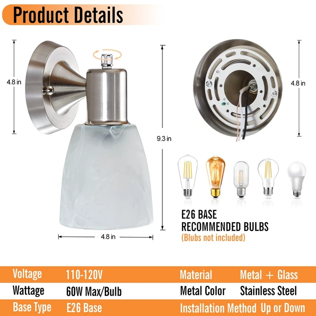 Alt view image 2 of 14 - EJIAXIN Wall Sconces Set of 2,Brushed Nickel Vanity Lights for Bathroom | Modern Wall Light Fixtures with Rotary Switch,Wall Mount Light with Frosted Glass,Farmhouse Lamp for Bedroom Living Room