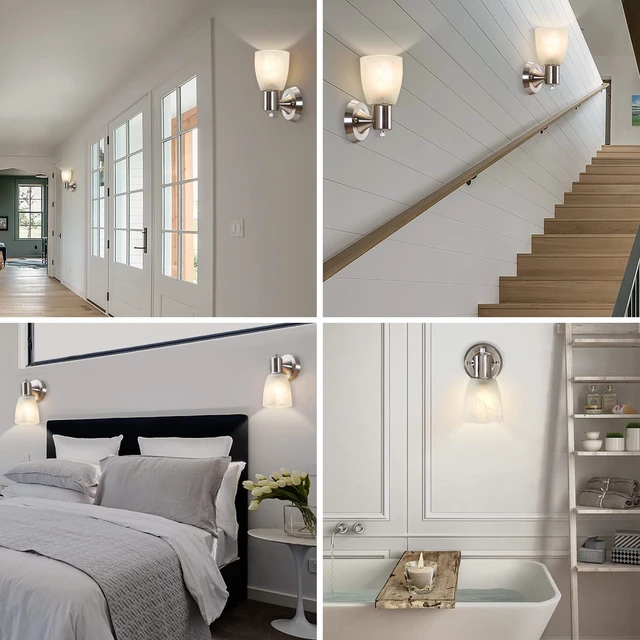 Alt view image 6 of 14 - EJIAXIN Wall Sconces Set of 2,Brushed Nickel Vanity Lights for Bathroom | Modern Wall Light Fixtures with Rotary Switch,Wall Mount Light with Frosted Glass,Farmhouse Lamp for Bedroom Living Room
