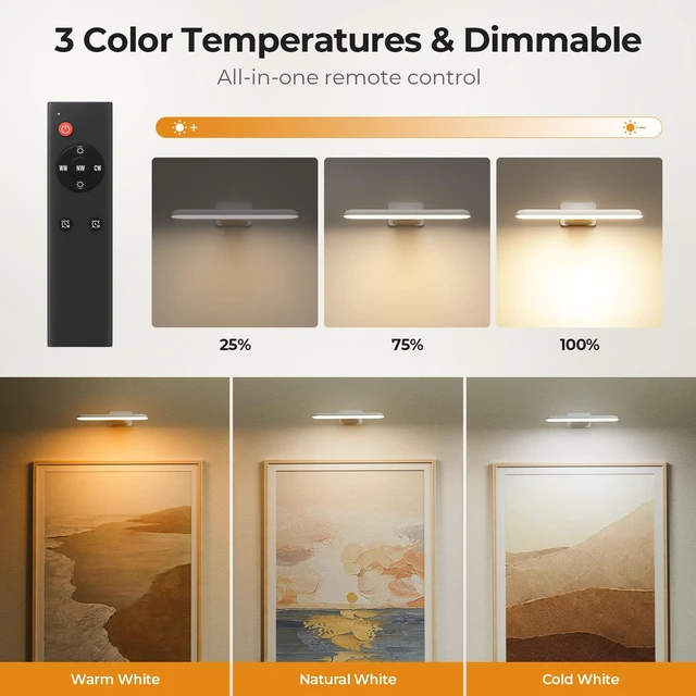 Alt view image 3 of 7 - Picture Lights for Wall Rechargeable, Picture Frame Lights, Dartboard light | FULEN Light Over Picture frame,LED Wall Lights for Dart Board, Paintings,3 Color Temperatures, Remote Control,White,2 Pack