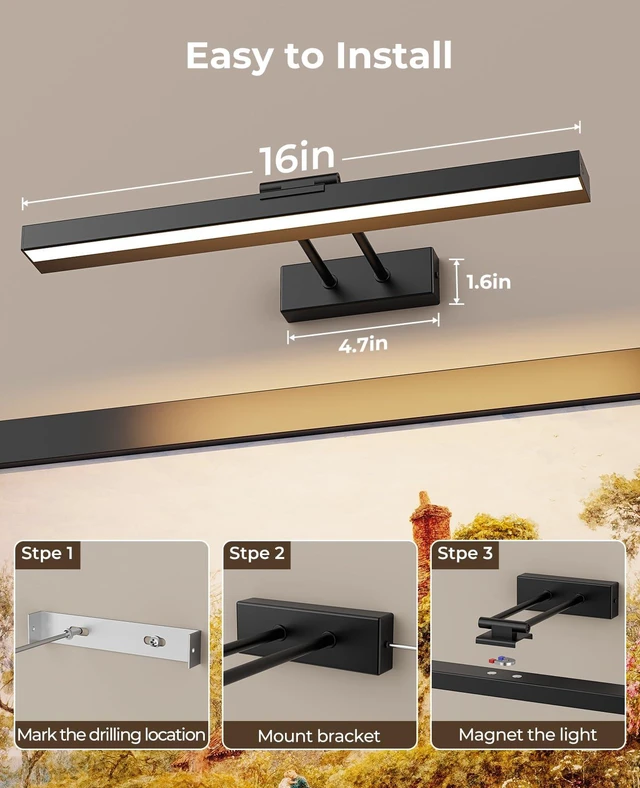 Alt view image 6 of 7 - PESUTEN Picture Light for Wall, 16in Battery Wall Sconce Art Light CCT Dimmable Magnetic Battery Lights for Painting with Remote Control for Gallery Artwork Living Room Portraits Hallway 2PCS Black